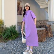 紫色连衣裙女夏大码宽松直筒，中长款过膝裙子，休闲短袖polo裙t恤裙