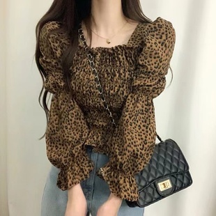 韩国chic秋季复古气质方领泡泡袖上衣褶皱感时髦豹纹减龄长袖衬衫