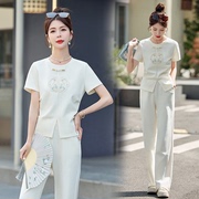 新中式刺绣短袖套装女2024夏季今年流行漂亮国风阔腿裤两件套