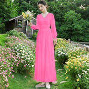 高级设计感法式复古v领雪纺系带连衣裙大摆长袖粉红色仙女长裙子