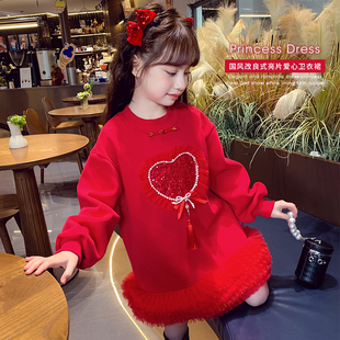 女童加绒连衣裙儿童冬装，2023小女孩中国风红色宽松休闲卫衣裙