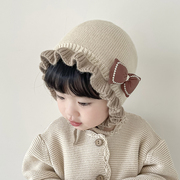 婴幼儿韩版儿童帽子女童系带针织帽婴儿公主帽女宝宝毛线套头帽萌