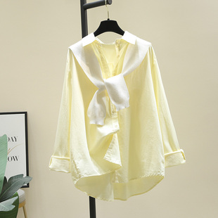 白色披肩黄色衬衫女2024年春装，韩版宽松休闲长袖衬衣上衣外套