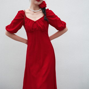 小午自制红色连衣裙女夏季短袖法式赫本小红裙宴会敬酒订婚裙短袖