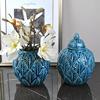 后现代欧式新古典陶瓷浮雕树叶纹复古深蓝球形花瓶家居客厅装饰品