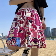 卡通满印草莓熊运动(熊，运动)短裤男女ins宽松五分薄款休闲情侣沙滩裤