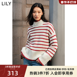LILY2023冬装圆领撞色条纹含羊毛设计感百搭气质新年针织衫毛衣女