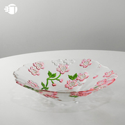 三汀手绘日式樱花水晶玻璃盘家用高档餐盘客厅水果盘甜品沙拉碗大