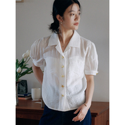 mixabo薄款白色亚麻衬衫，女短袖夏装法式西装领衬衣打褶泡泡袖