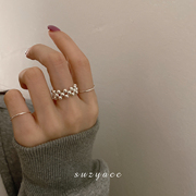 韩国米珠串珠弹力绳设计纯银，戒指女简约冷淡风小众设计感食指戒