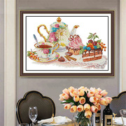 印花十字绣静物系列，惬意下午茶餐厅，装饰小幅挂画自绣刺绣