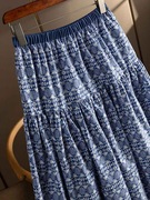 仙女超仙森系赫本风复古蓝色印花半身裙子女夏设计感OL09886