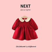 英国NEXT女宝宝娃娃领连衣裙秋季长袖公主裙子婴儿红色周岁宴礼服