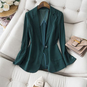 墨绿色小西装中袖女大口袋，薄款一粒扣通勤西装夏天职业装西服外套