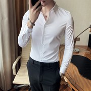 男士长袖衬衫男韩版弹力，修身薄款衬衣男纯白色，衬衫西装内搭打底衫