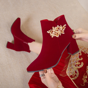 冬季婚鞋新娘鞋女2022年冬天高跟鞋红色靴子粗跟秀禾婚纱两穿