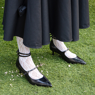 MSMESSA超复古尖头细绑带黑色中古脚踝5cm中跟新中式单鞋女高跟鞋