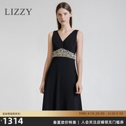 LIZZY2024春季高端女装手工钉珠V领无袖收腰中长款连衣裙