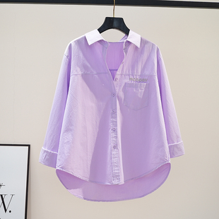 浅紫色棉衬衫女字母，绣花宽松休闲衬衣2024时尚百搭长袖上衣潮