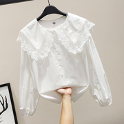 娃娃领衬衫女长袖2023秋季甜美超仙蕾丝花边大翻领，白色棉衬衣上衣