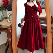 秋冬法式方领丝绒订婚服敬酒服女大码回门礼服，平时可穿红色连衣裙