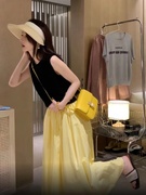 黄色a字裙女夏季垂感半身裙，设计感小众松紧腰显瘦中长裙伞裙