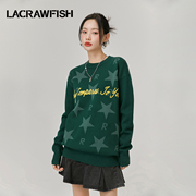 lacrawfish美式复古高街星星提花圆领套头毛衣，慵懒风宽松针织衫