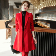 中国红色风衣外套，女2022秋装气质，韩版修身中长款职业西装大衣