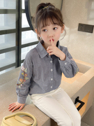 女童格子衬衫纯棉春秋童装，韩版儿童长袖衬衣女孩洋气绣花上衣