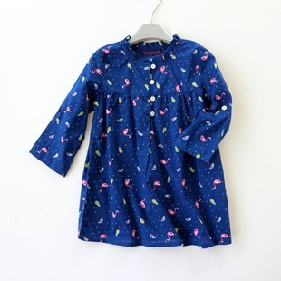 法国单夏款2-6岁女童中长款纯棉，印花娃娃衫立领，花边长袖上衣
