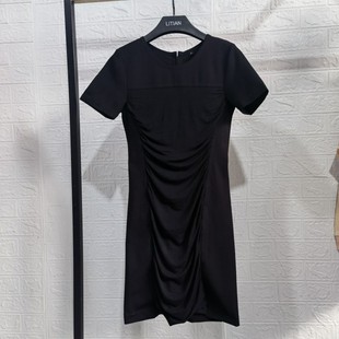 设计感档次感褶皱包臀短袖，连衣裙夏季弹力黑色礼服裙显瘦遮小肚