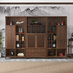 新中式实木书柜组合办公室黑胡桃木博古架多宝阁置物架茶室展示柜