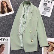 香港薄荷绿西装外套女春秋季小个子，设计感时尚，双排扣百搭西服