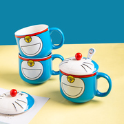 哆啦a梦机器猫蓝胖子带盖带勺陶瓷马克杯，水杯情侣杯咖啡杯耐高温