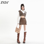 zyza卡其色短裙女2024年冬季高腰包(高腰包)臀裙辣妹，a字半裙显瘦皮裙