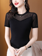 气质黑色蕾丝t恤女夏季网纱短袖薄款修身上衣镂空钉珠打底衫