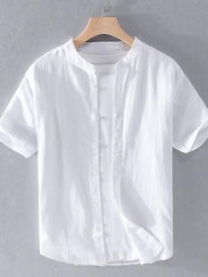 日系复古立领棉麻短袖衬衫男夏季薄款透气亚麻纯色百搭白色衬衣
