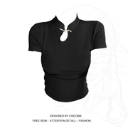 大码胖妹妹黑色正肩短袖t恤女夏设计(夏设计)感小众改良旗袍中式国风上衣