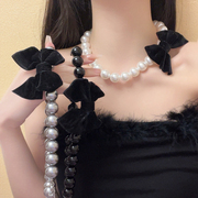 欧美风大珍珠丝绒蝴蝶结项链，轻奢优雅气质锁骨链，个性夸张时尚颈链
