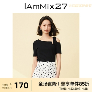 iammix27短袖针织衫女夏季个性不对称斜肩通勤百搭黑色针织套头衫