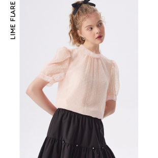 莱茵2023夏季肌理感粉色蕾丝衫上衣，商场同款雪纺衬衫甜美气质