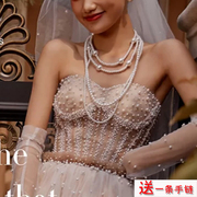 结婚新娘锁骨链双层婚纱，配饰品多层大小珍珠项链女士伴娘颈链153