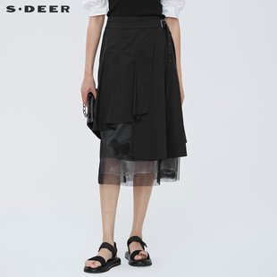 sdeer圣迪奥半身裙，高级夏装压褶印花网纱裙子，不规则长裙s22261117