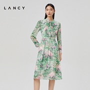 lancy朗姿夏季法式真丝印花长袖衬衫，连衣裙女气质中长款裙子