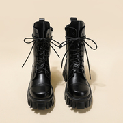 真皮秋冬骑士靴女2023黑色，小个子8孔系带，马丁靴松糕厚底短靴