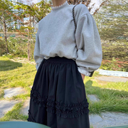 韩国chic秋冬减龄气质花边点缀百搭卫衣+松紧腰大摆半身裙两件套