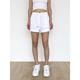 SWAGAL女装夏季法式复古街头白色纯亚麻高腰宽松休闲抽绳短裤