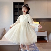女童春秋连衣裙2024娃娃，领米白色盘扣改良版，旗袍公主纱裙洋气