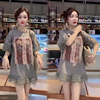 欧洲站2023韩版洋气蕾丝短袖中长款宽松t恤女夏时尚(夏时尚)圆领卫衣