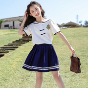 女童jk套裙套装夏季海军风中大童学院时尚，韩版休闲运动短裙两件套